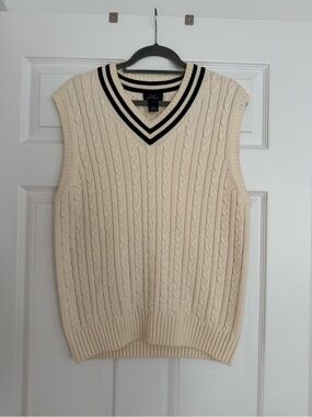 Ivory & Navy Cotton Sweater Vest | Coastal Prep | M